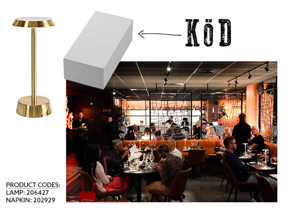 Cordless table lamp and prefolded white napkin